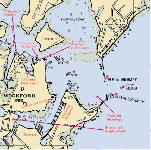 Wickford Harbor chartlet showing marinas, moorings, docks, and navigational markers in Rhode Island.